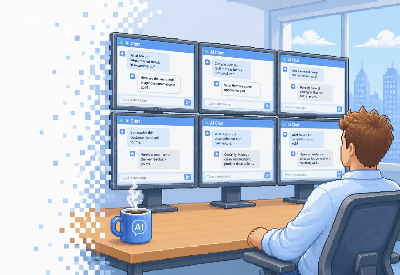 A professional at a desk working across a wall of monitors, each running an AI chat that drafts and answers work questions