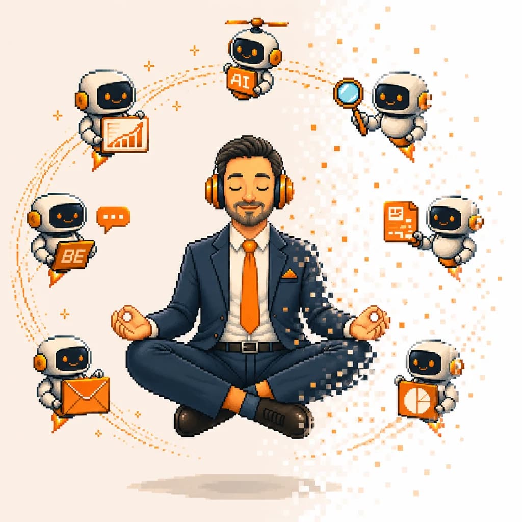 A professional surrounded by small AI assistants handling analysis, documents, email, and presentations