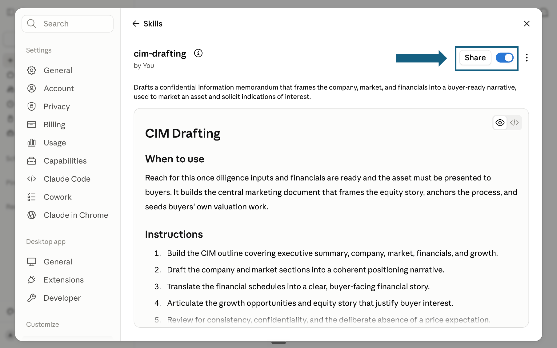 CIM Drafting skill details with the enabled toggle highlighted