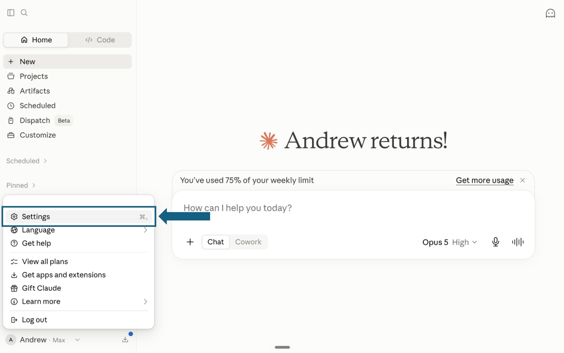 Claude profile menu with Settings highlighted for the CFO guide to Claude skills pack