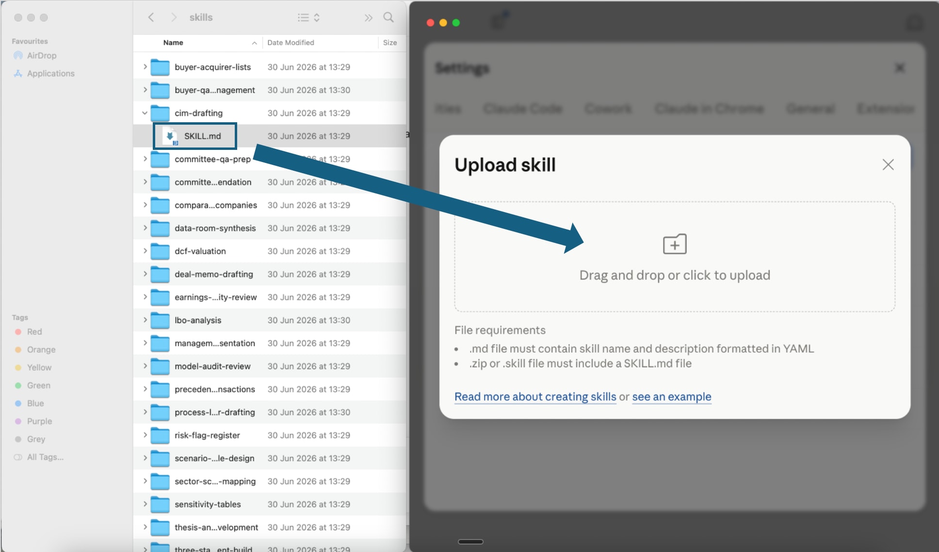 A SKILL.md file being dragged into Claude's skill upload window