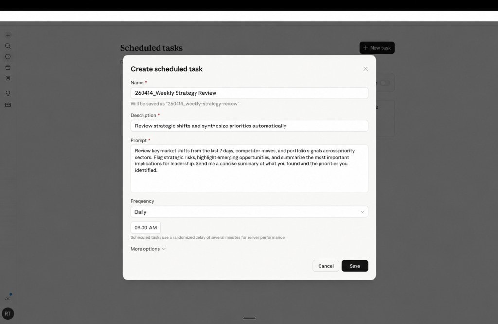 Create scheduled task fields completed for a weekly strategy review