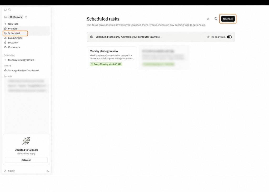 Scheduled tasks pane with Scheduled and New task highlighted