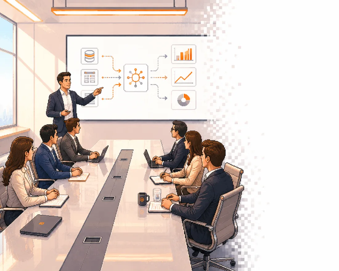 A colleague at a whiteboard walking a meeting room of professionals through an AI workflow