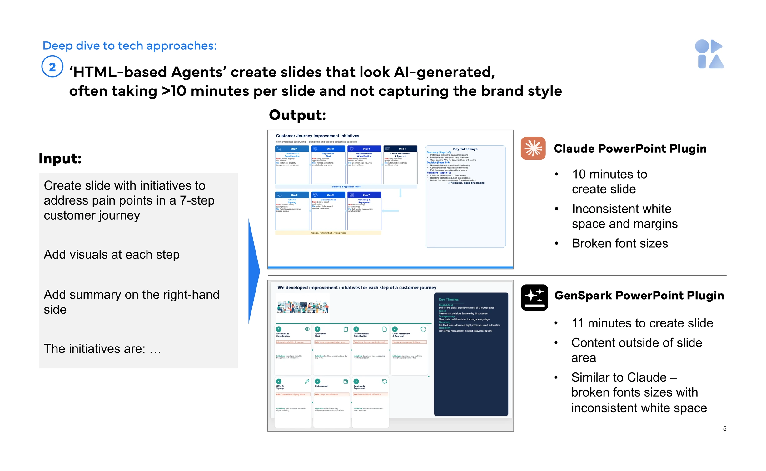 HTML-based agent output from Claude and GenSpark PowerPoint plugins: slow generation, inconsistent spacing, and broken font sizes