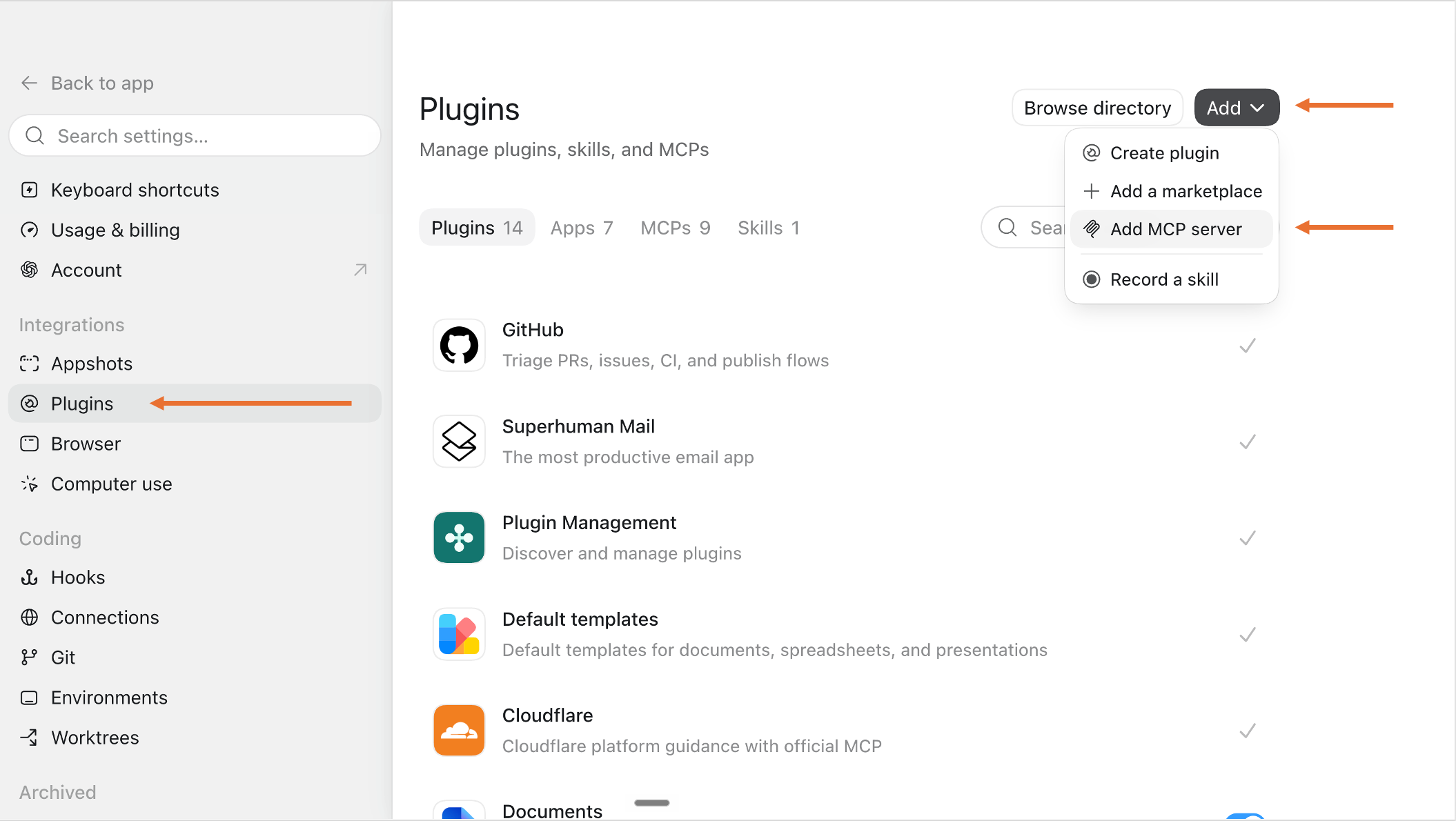 ChatGPT: ChatGPT Plugins settings with Add MCP server highlighted