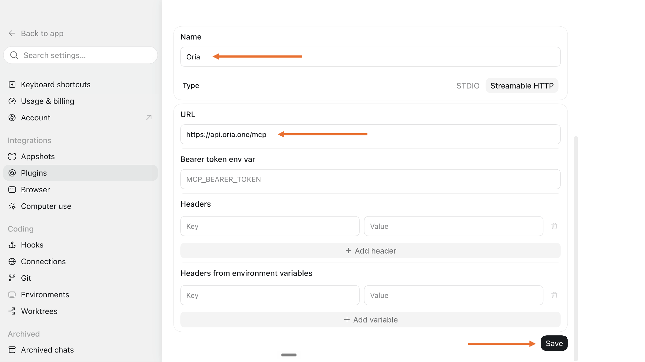 ChatGPT: ChatGPT MCP server form filled with the Oria name and MCP URL