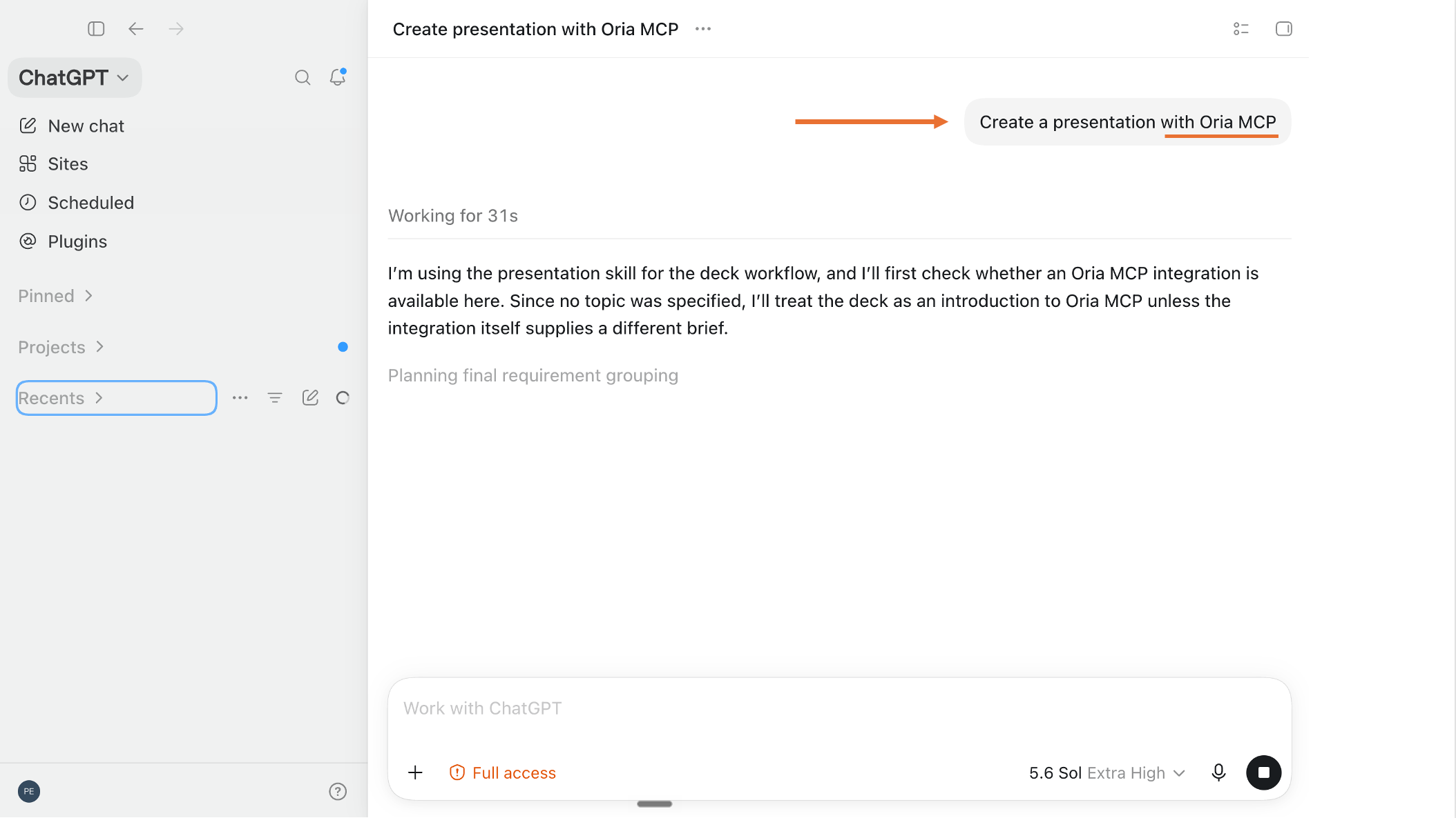 ChatGPT: ChatGPT conversation asking Oria MCP to create a presentation