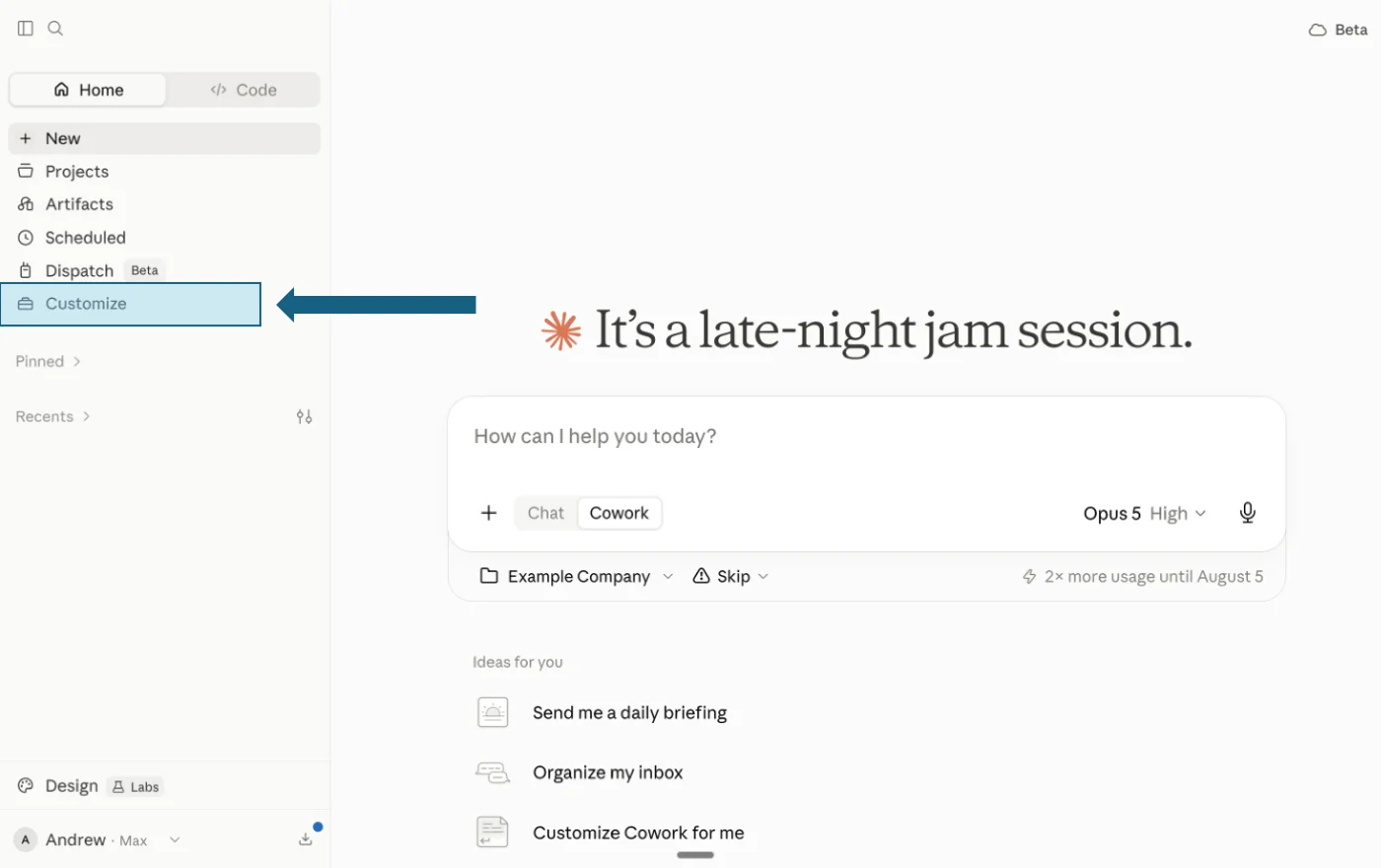 Claude: Claude with Customize highlighted in the left sidebar