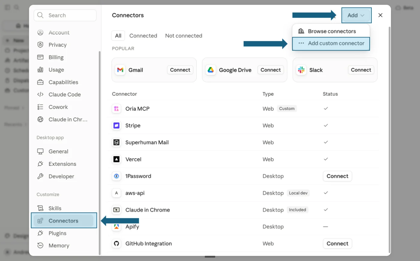 Claude: Claude Connectors settings with Add custom connector highlighted