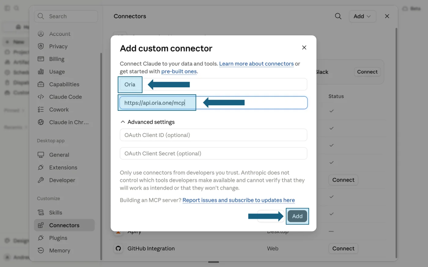 Claude: Claude custom connector form filled with the Oria name and MCP URL