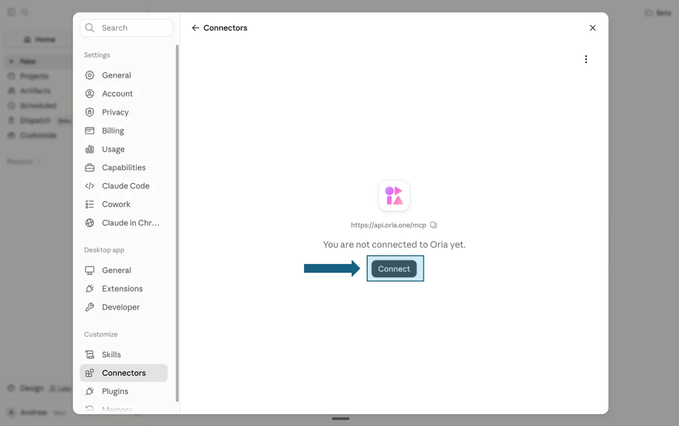 Claude: Oria connector page in Claude with Connect highlighted