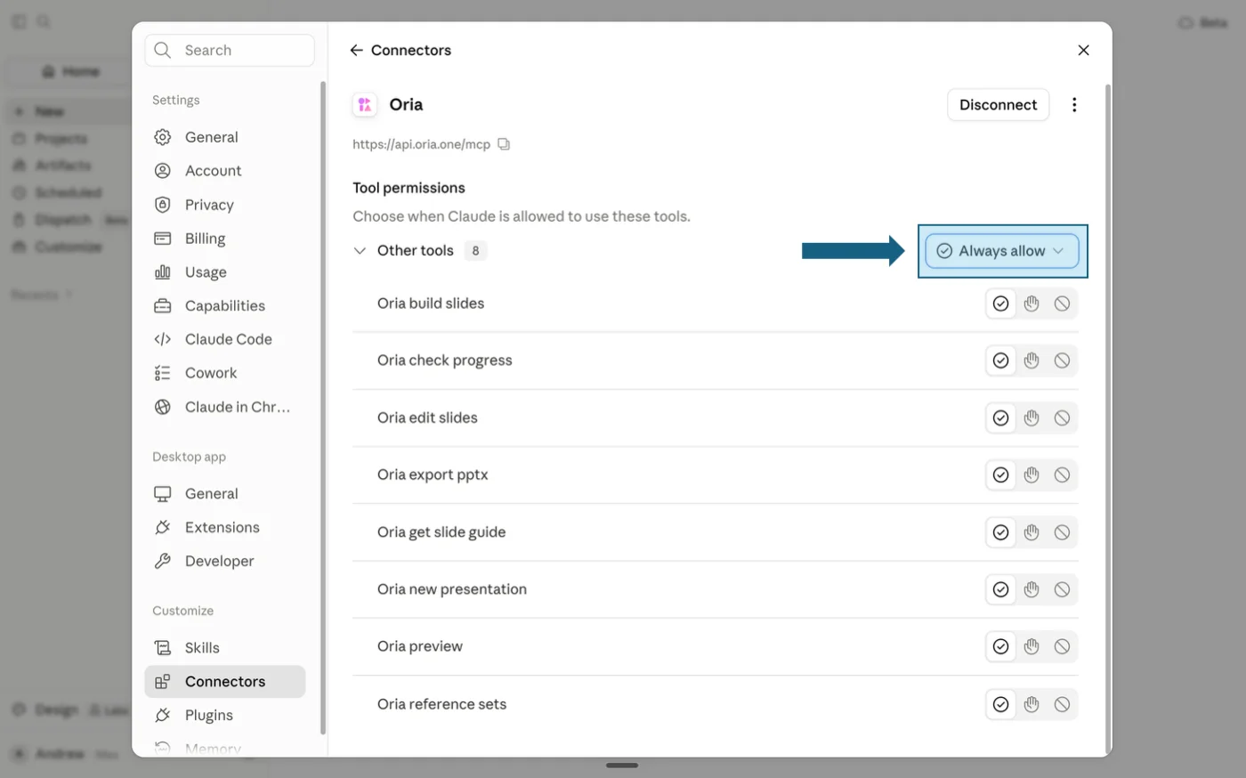 Claude: Claude Oria connector settings with Always allow selected