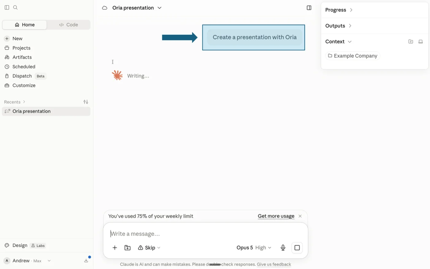 Claude: Claude conversation asking Oria to build a presentation