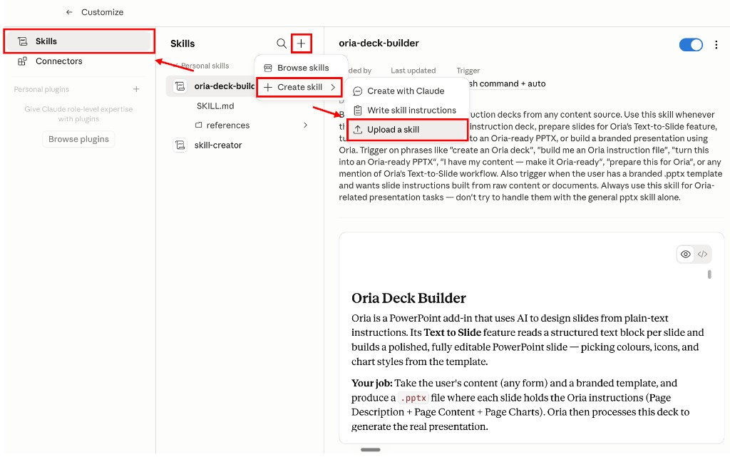 Claude Skills panel with Create skill and Upload a skill highlighted