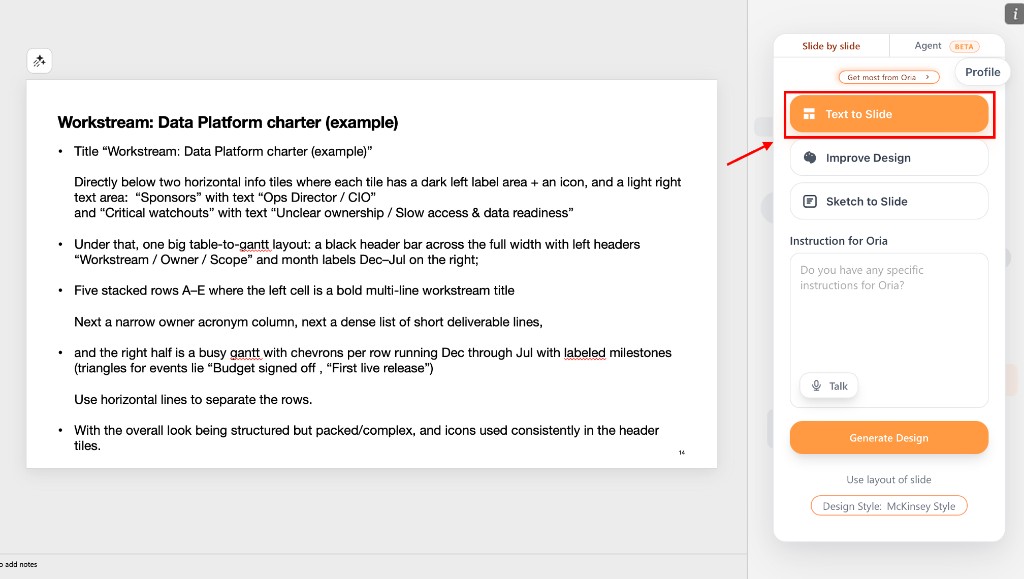 PowerPoint slide with Text to Slide selected in the Oria side panel