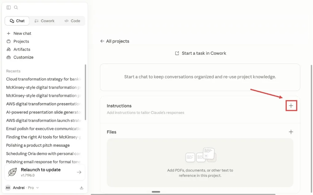 Inside the new Claude project, with the + button next to Instructions highlighted