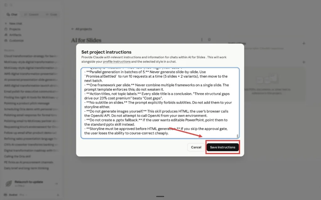 The Set project instructions dialog with the Skill text pasted and the Save Instructions button highlighted