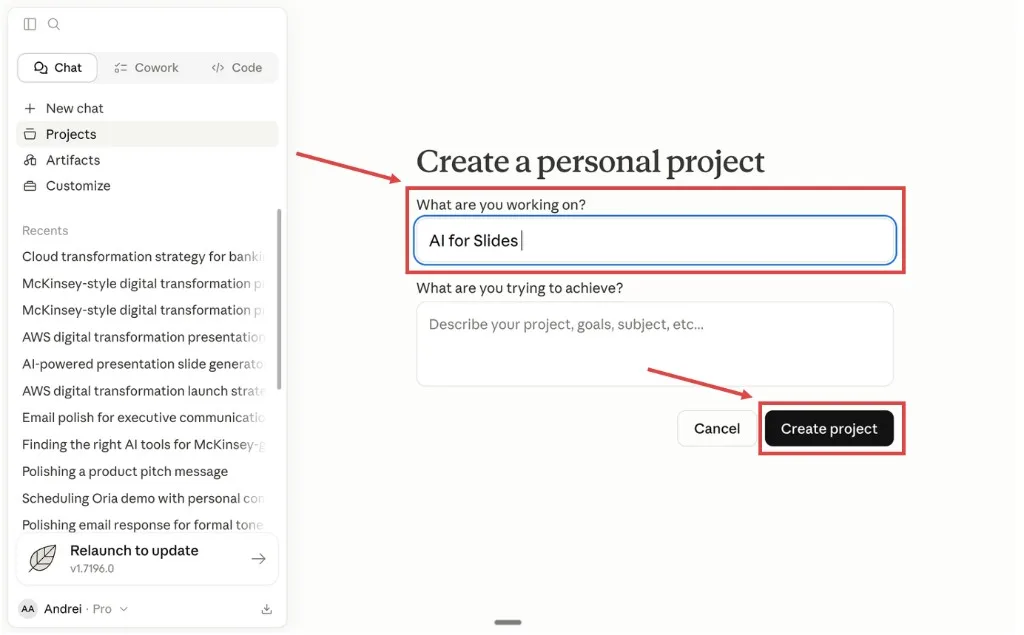 Claude Projects page with the New project button highlighted in the top right