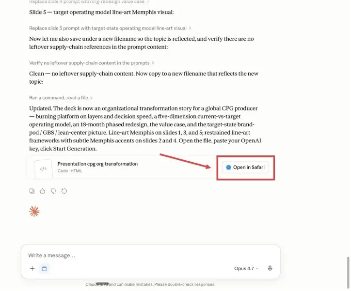 Claude's response with the generated HTML file ready to open in the browser