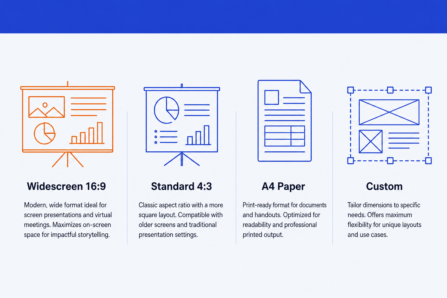 PowerPoint slide size presets compared: Widescreen 16:9, Standard 4:3, A4 paper and Custom
