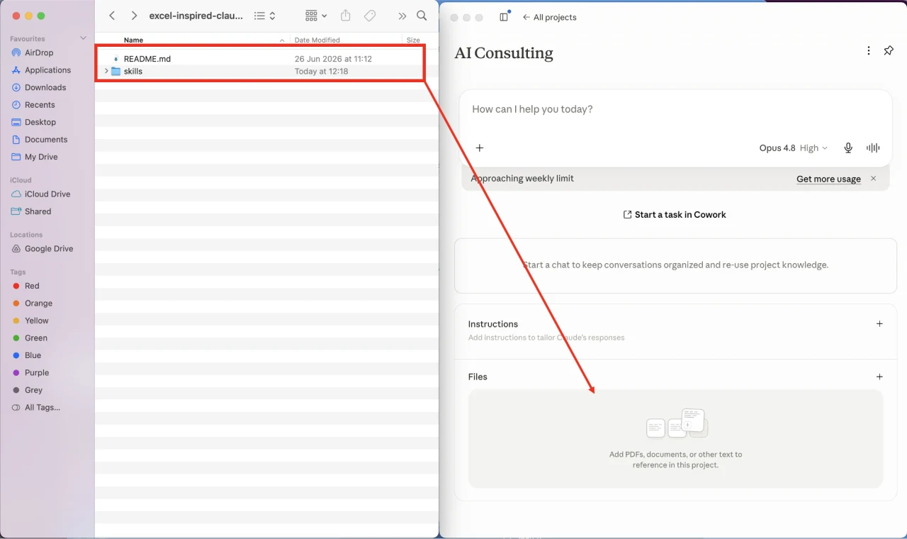 Finder window with the IB skills markdown files being dragged into the Claude project Files panel