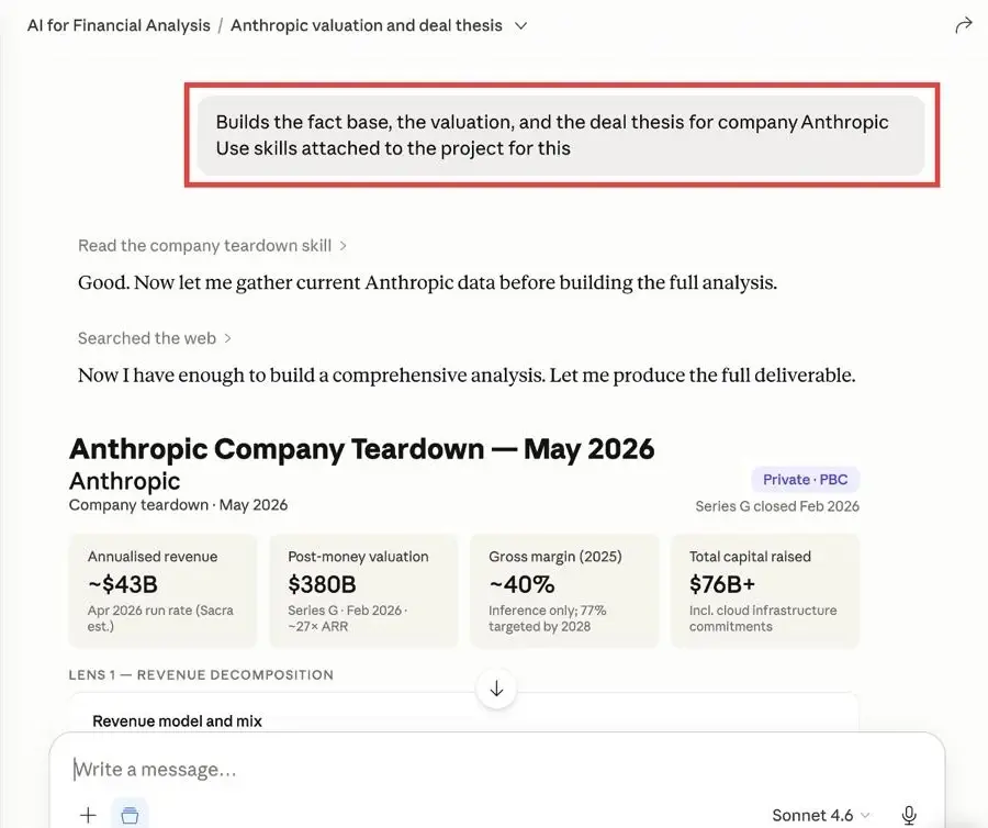 Claude conversation using the Company Teardown skill to build the fact base, valuation, and deal thesis for Anthropic, with the skill reference highlighted in the prompt