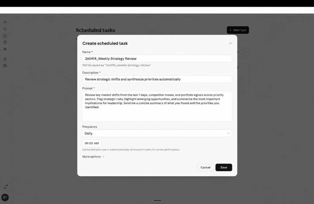 Create scheduled task modal with the Name, Description, Prompt, and Frequency fields filled in for a weekly strategy review
