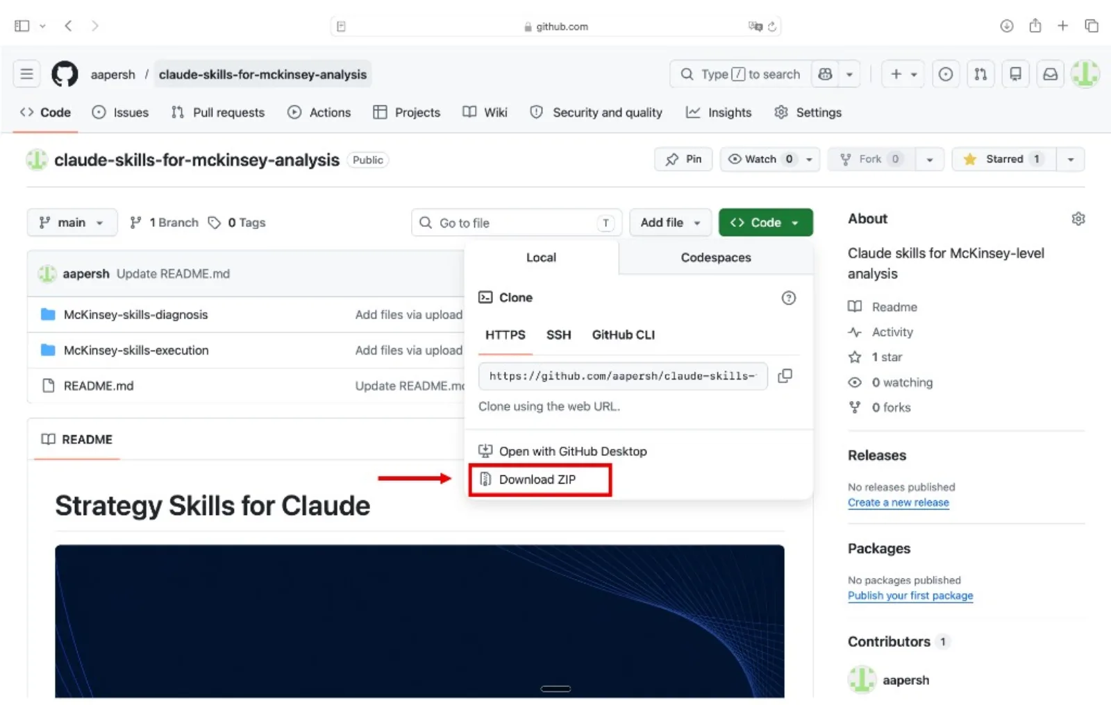 GitHub repo page with the green Code button and Download ZIP option highlighted