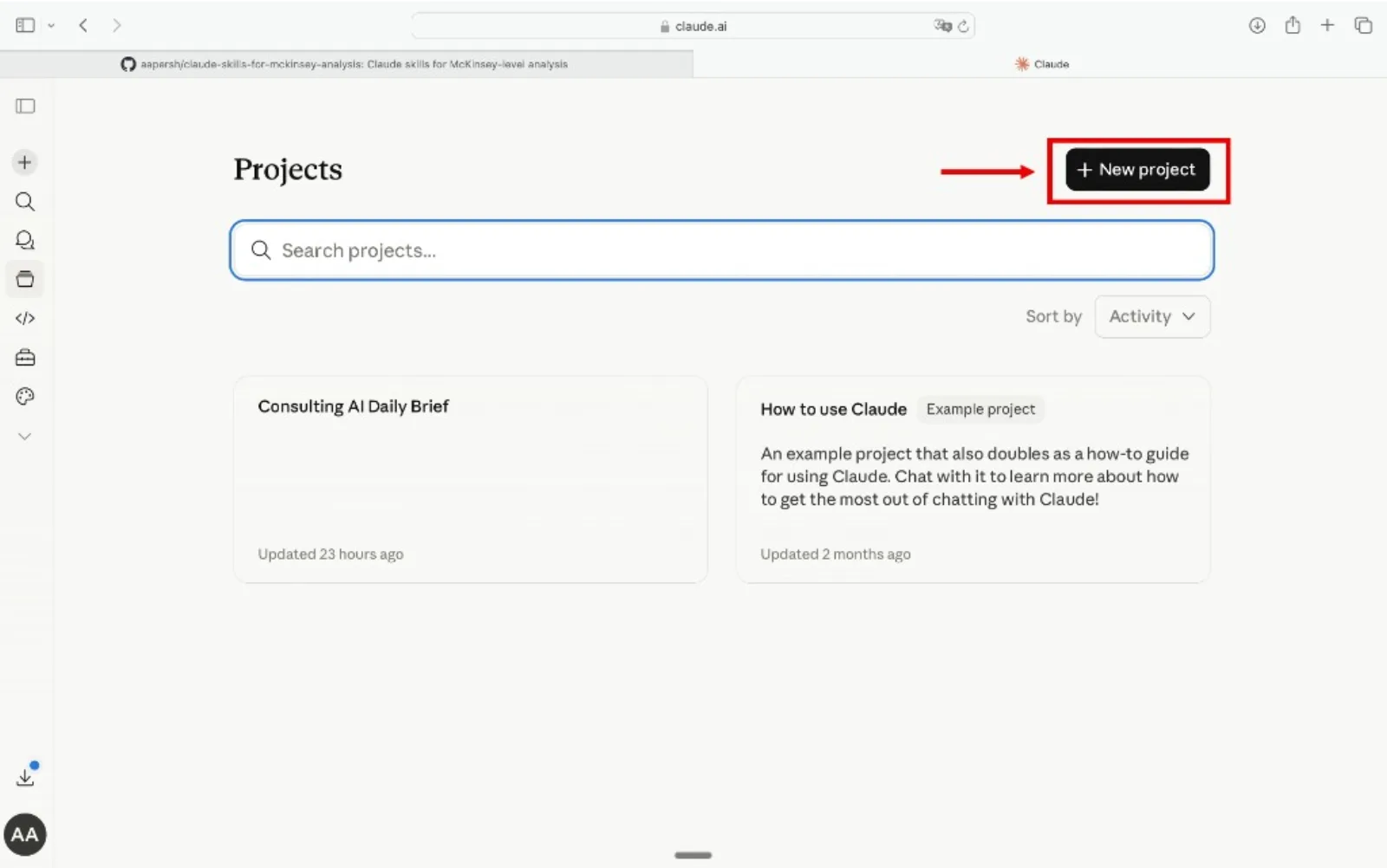 Claude Projects view with the New project button highlighted