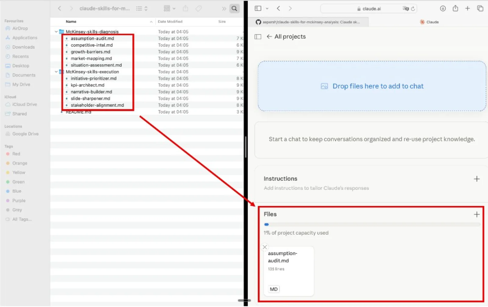 Finder window with the skill markdown files being dragged into the Claude project Files panel