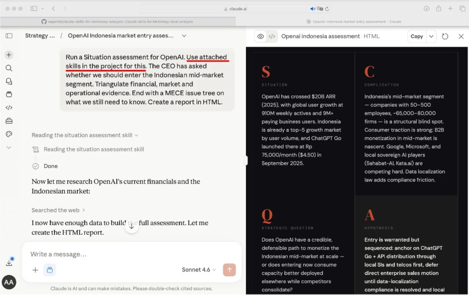 Claude conversation using a slide-building skill, with the skill reference highlighted in the prompt